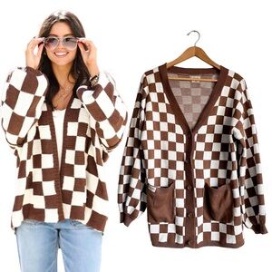 Revel Brown Checker Chess Oversized Cardigan Grandpa Sweater Cottagecore Knit M